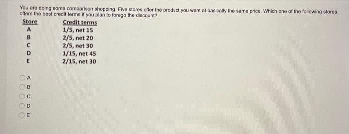Solved You are doing some comparison shopping. Five stores | Chegg.com Solved You are doing some comparison shopping. Five stores | Chegg.com
